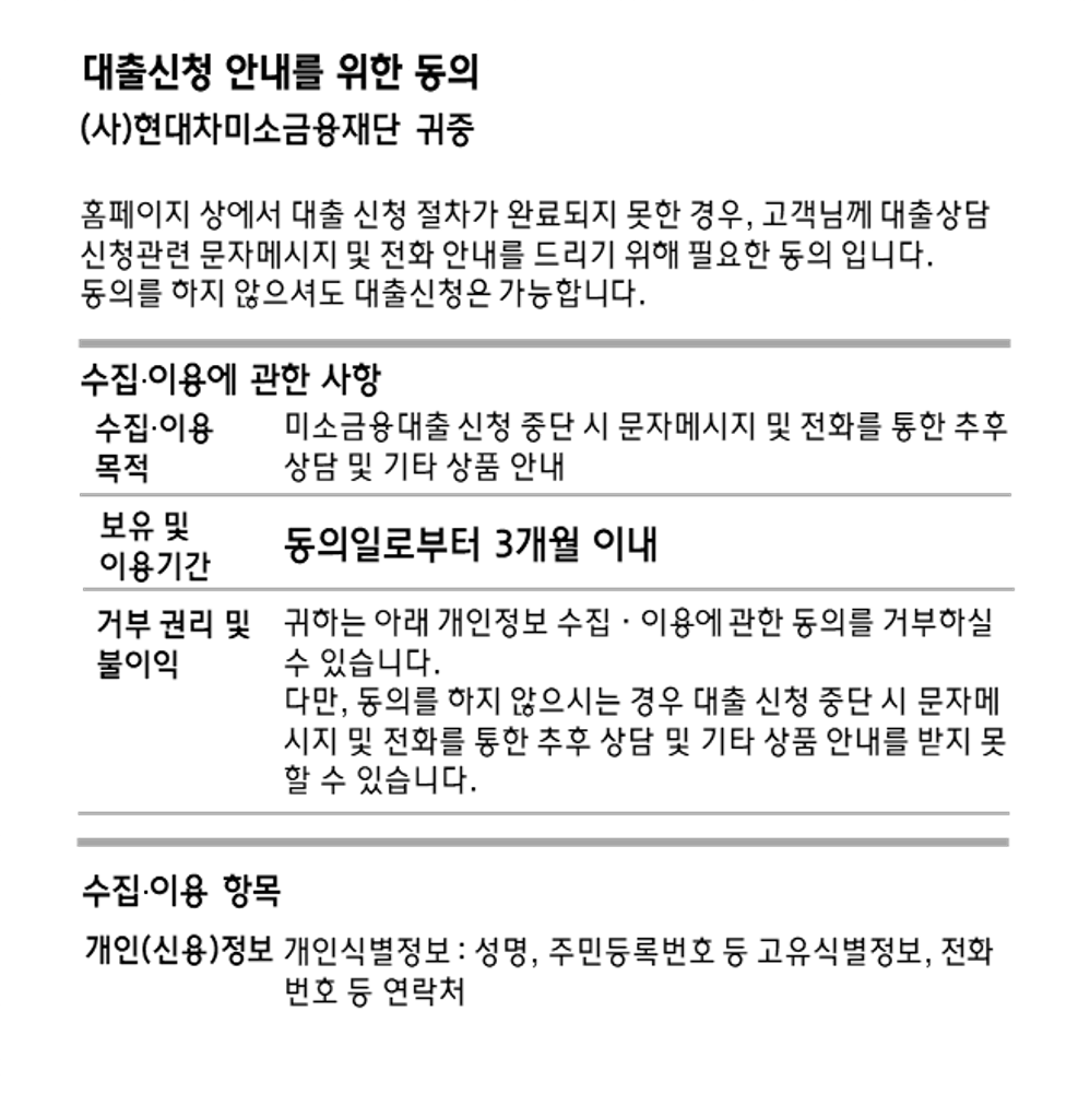 대출신청 안내를 위한 동의내용